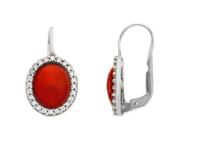 18K WHITE GOLD OVAL CABOCHON RED CORAL PENDANT EARRINGS CUBIC ZIRCONIA FRAME.