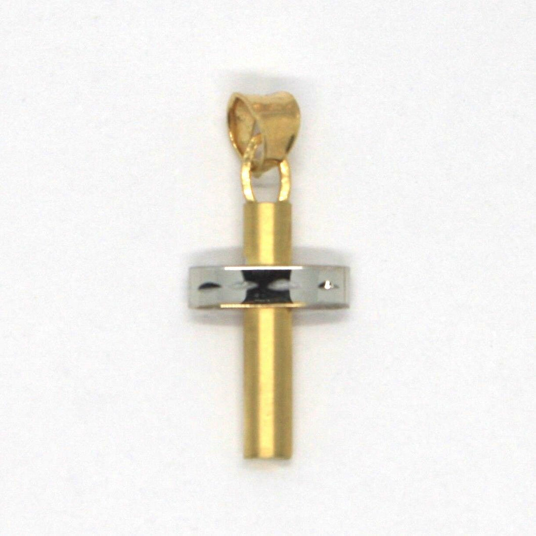 18K YELLOW WHITE GOLD MINI TUBE FINELY SATIN AND ALTERNATE CROSS, MADE IN ITALY.