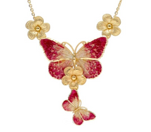 Load image into Gallery viewer, 18K YELLOW GOLD ROLO NECKLACE ENAMEL FINELY WORKED FLOWER BUTTERFLY PENDANT.
