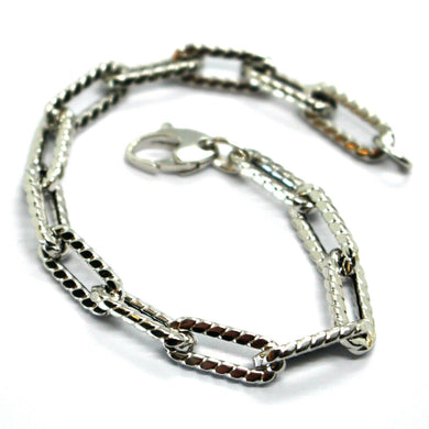 18K WHITE GOLD BRACELET OVAL STRIPED SQUARE TUBE LINK 6.5mm, 19cm MADE IN ITALY.