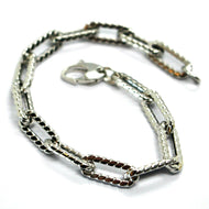 18K WHITE GOLD BRACELET OVAL STRIPED SQUARE TUBE LINK 6.5mm, 19cm MADE IN ITALY.