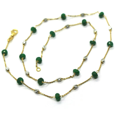 18k yellow gold necklace, 4mm green emerald & 3mm faceted white balls, 18