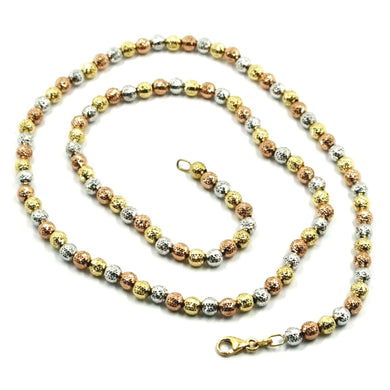 18K YELLOW WHITE ROSE GOLD BALLS CHAIN WORKED SPHERES 4mm DIAMOND CUT, 16