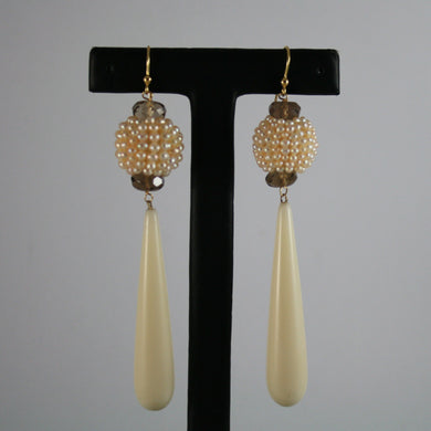 SOLID 18K YELLOW GOLD EARRINGS, WITH SMOKY QUARTZ, PEARLS AND BIG DROPS.