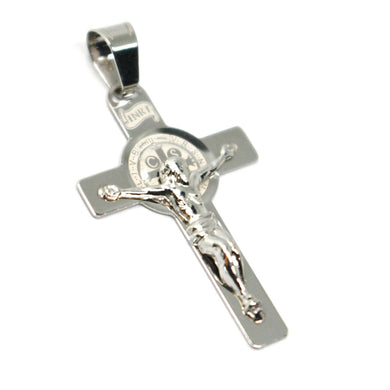 SOLID 18K WHITE GOLD FLAT CROSS WITH JESUS & SAINT BENEDICT MEDAL, 28 mm.