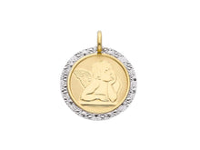 Load image into Gallery viewer, 18K YELLOW WHITE GOLD PENDANT ROUND MEDAL GUARDIAN ANGEL 17mm WITH WORKED FRAME
