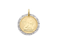 18K YELLOW WHITE GOLD PENDANT ROUND MEDAL GUARDIAN ANGEL 17mm WITH WORKED FRAME.