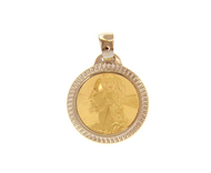 18K YELLOW WHITE GOLD PENDANT ROUND MEDAL JESUS FACE 17mm WORKED FRAME.