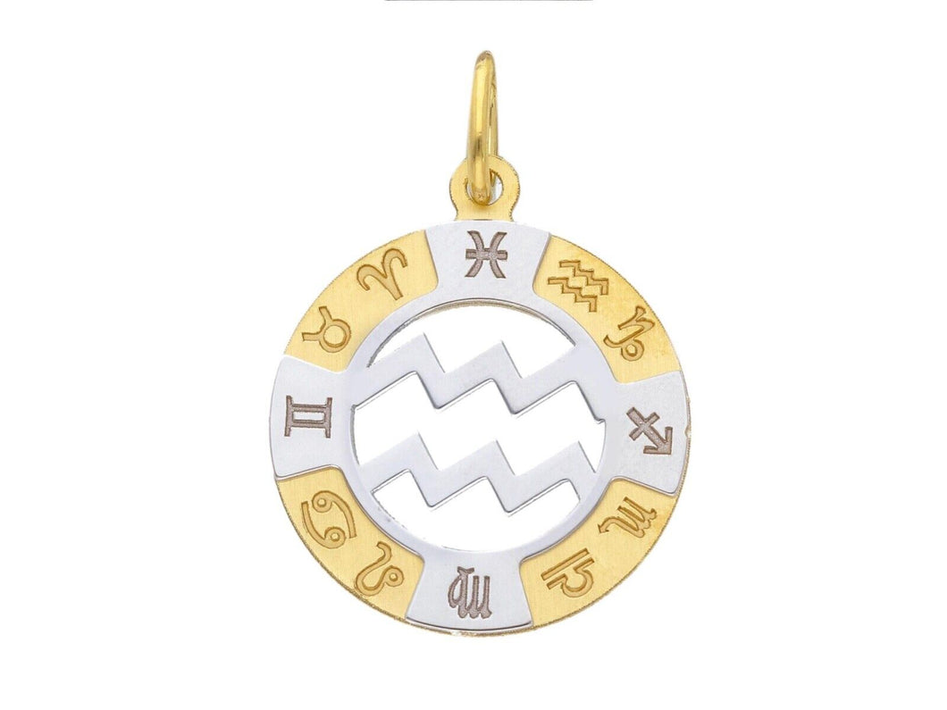 18k yellow white gold zodiac sign round 20mm medal pendant, zodiacal aquarius.