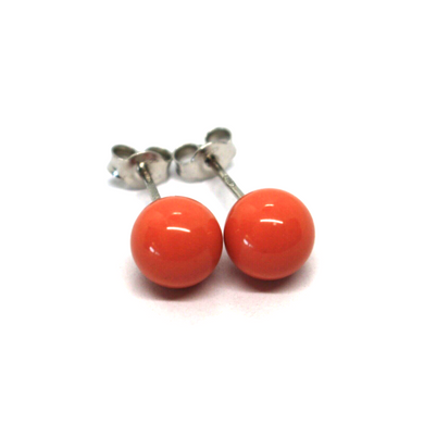 18k white gold balls spheres red reconstructed coral button earrings 8mm, 0.31