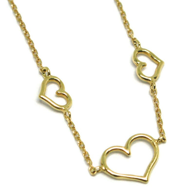 18K YELLOW GOLD SQUARE ROLO CHAIN NECKLACE, 18 INCHES, 3 HEARTS, MADE IN ITALY.
