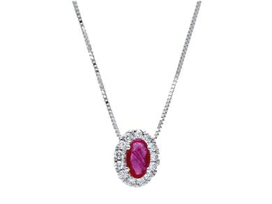 18k white gold necklace oval 0.32 ruby & diamonds frame pendant, venetian chain.