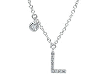 Load image into Gallery viewer, 18k white gold necklace, pendant mini initial letter L, 0.7 cm, 0.3&quot;, rolo chain.
