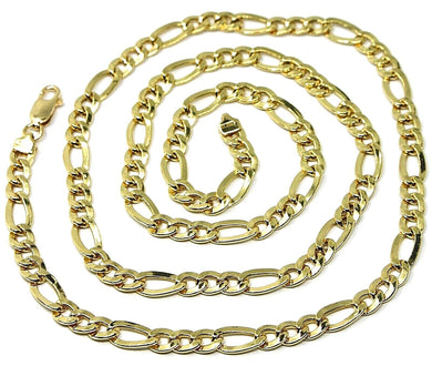 18k yellow gold hollow chain, big flat 5 mm sunken figaro gourmette alternate 3+1, 24