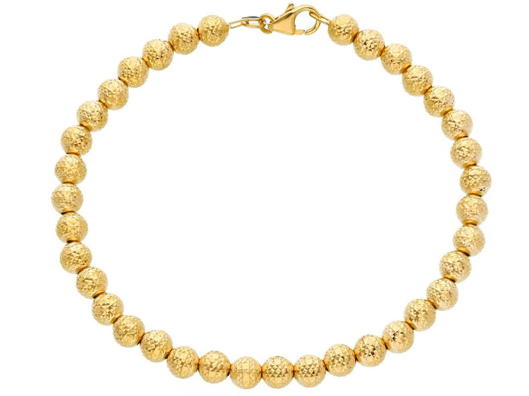 18K YELLOW GOLD BRACELET 19cm WORKED SPHERES BIG 5mm DIAMOND CUT BALLS.