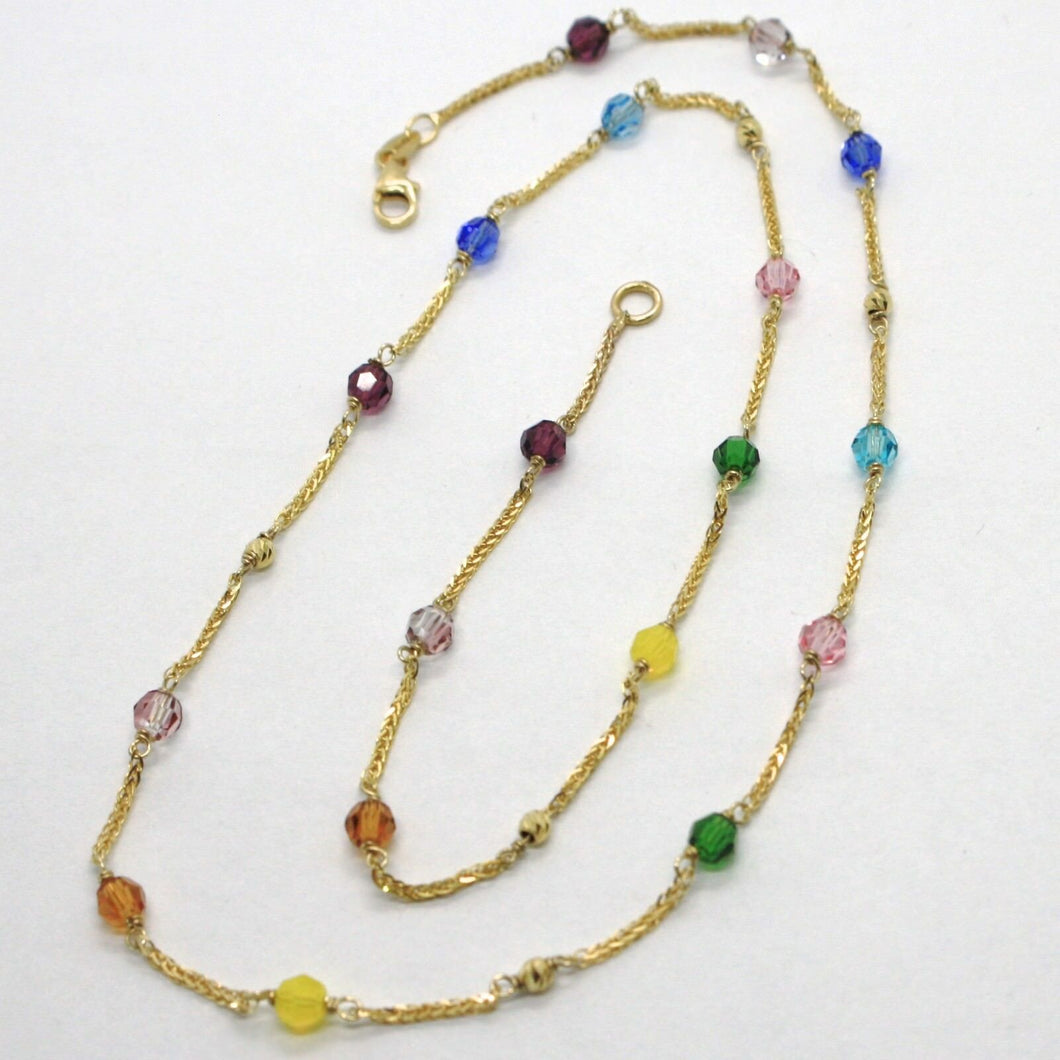 18K YELLOW GOLD NECKLACE EAR ALTERNATE WITH FACETED BLUE PINK PURPLE GREEN BALLS