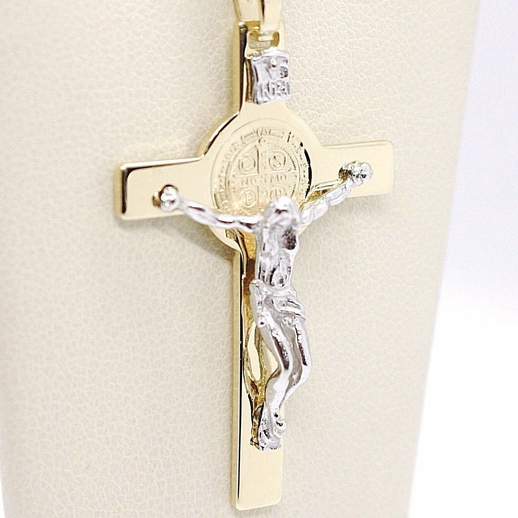 18k yellow white gold Cross, Jesus & Saint Benedict medal big 2.1 inches