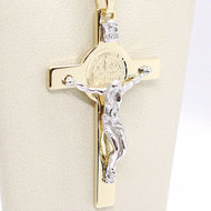 18k yellow white gold Cross, Jesus & Saint Benedict medal big 2.1 inches.