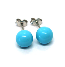 Load image into Gallery viewer, 18k white gold 8mm spheres balls reconstructed turquoise button earrings.
