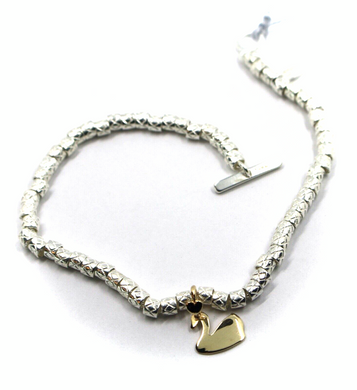 925 STERLING SILVER CUBES TUBES BRACELET, 9K YELLOW GOLD SMALL 10mm SWAN PENDANT.