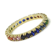 SOLID 18K YELLOW GOLD ETERNITY BAND RING, MULTI COLOR, RAINBOW CUBIC ZIRCONIA.