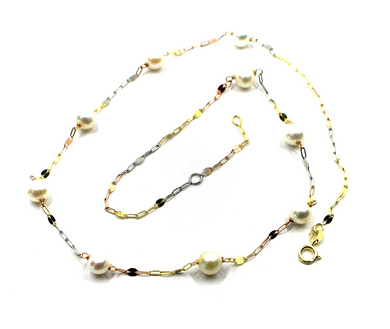 18k yellow white rose gold necklace, oval flat chain alternate white 6mm pearls.