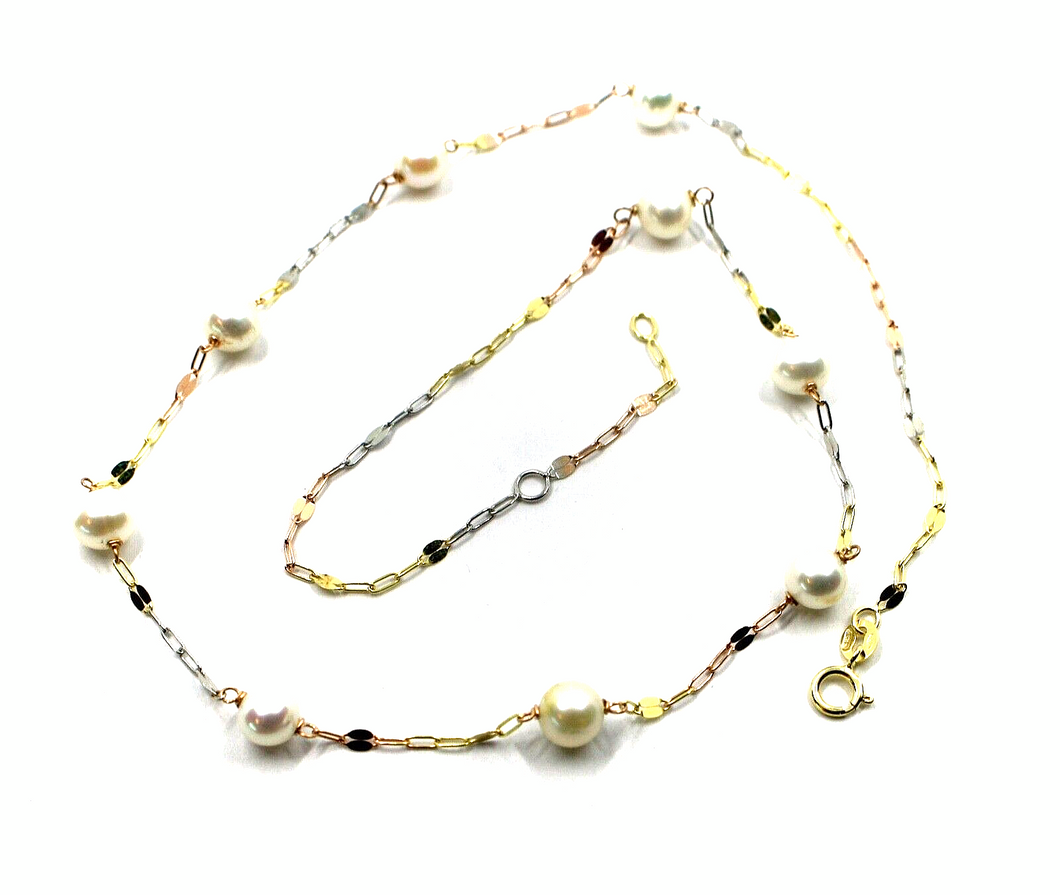 18k yellow white rose gold necklace, oval flat chain alternate white 6mm pearls.