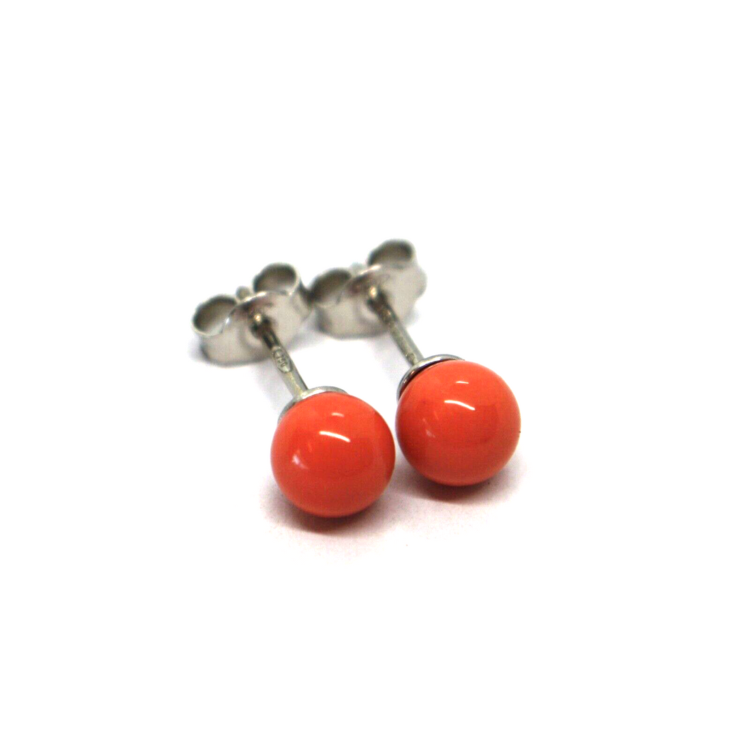 18k white gold balls spheres red reconstructed coral button earrings 6mm, 0.24