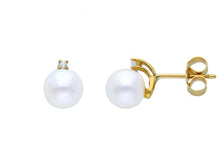 Load image into Gallery viewer, 18k yellow gold earrings 7/7.5mm freshwater white round pearls, cubic zirconia.
