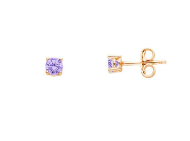 18k rose gold stud four prong earrings with round 4mm purple cubic zirconia.