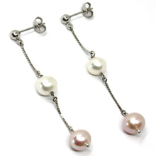 Load image into Gallery viewer, 18k white gold pendant earrings, white &amp; purple freshwater pearls, length 6.2 cm.
