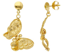 Load image into Gallery viewer, 18K YELLOW GOLD PENDANT EARRINGS FINELY WORKED BUTTERFLY 35mm, 1.4&quot; ITALY MADE.
