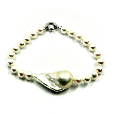 18k white gold bracelet big drop baroque pearl 25 mm & round 6 mm made in Italy.