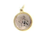 18K YELLOW WHITE GOLD PENDANT ROUND MEDAL GUARDIAN ANGEL 20mm WITH FRAME.