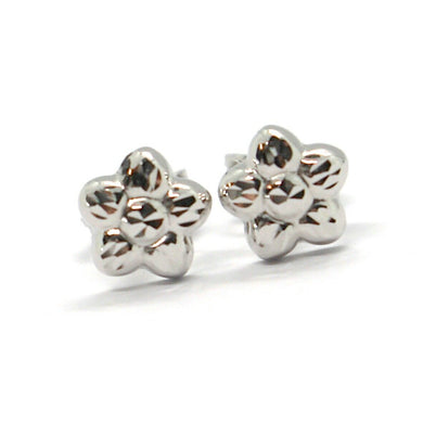 18k white gold kids earrings, finely hammered mini flower daisy, 0.28 inches.