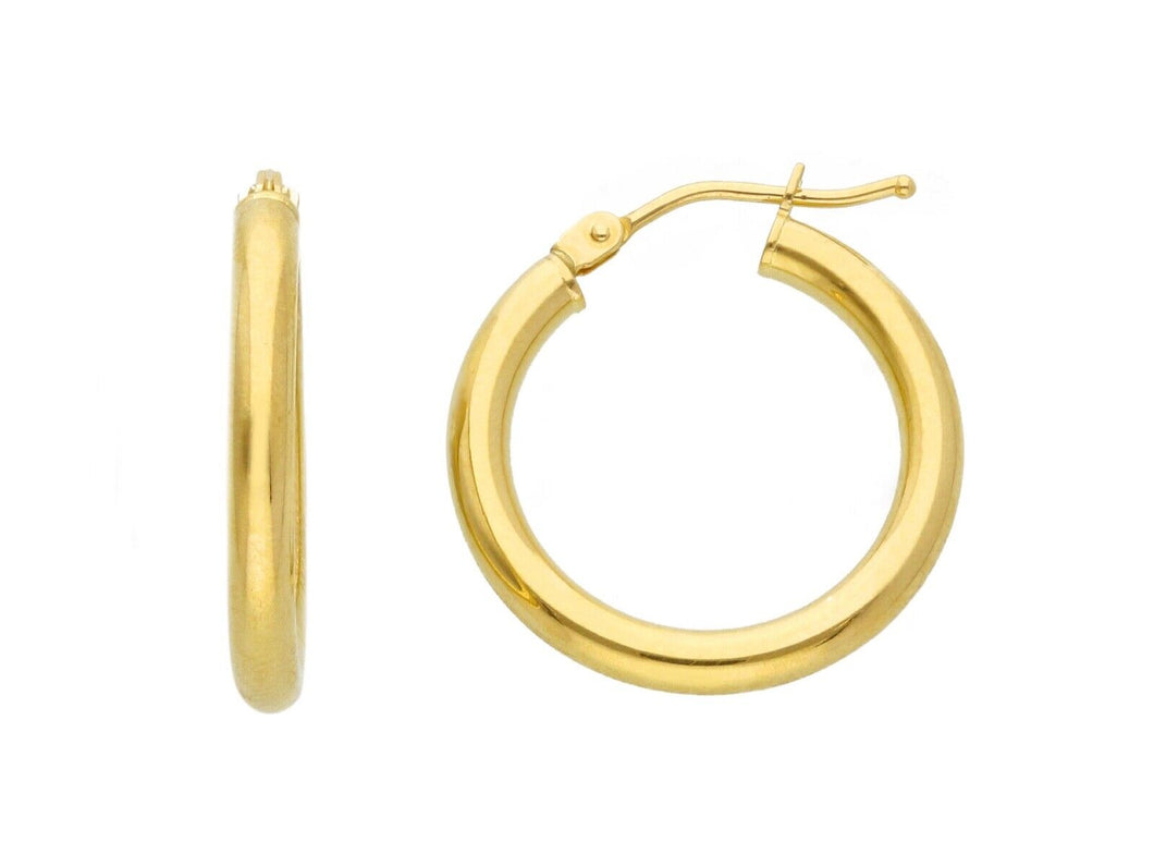18k yellow gold round circle hoops earrings internal diameter 15mm, width 2.5mm.