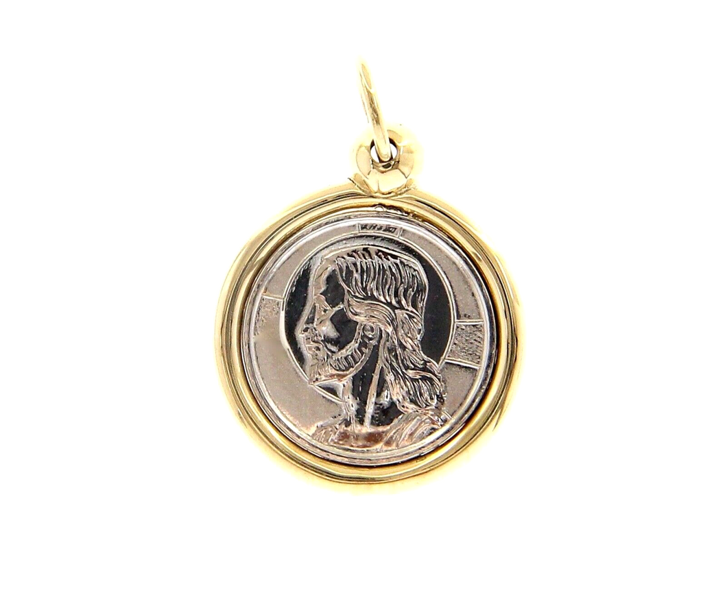 18K YELLOW WHITE GOLD PENDANT ROUND MEDAL JESUS FACE 20mm WITH FRAME
