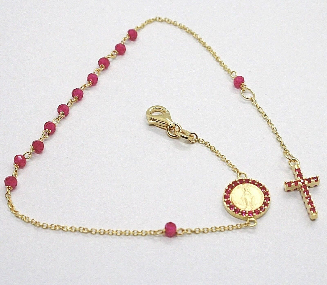 18k yellow gold rosary bracelet, faceted red ruby root, Cross & miraculous medal.