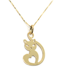 Load image into Gallery viewer, 18K YELLOW GOLD MINI NECKLACE, FLAT CAT HEART PENDANT 0.9&quot; VENETIAN CHAIN 17.7&quot;.
