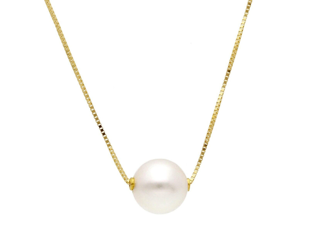 18K YELLOW GOLD NECKLACE, SQUARE VENETIAN CHAIN CENTRAL FRESHWATER PEARL 8.5-9mm