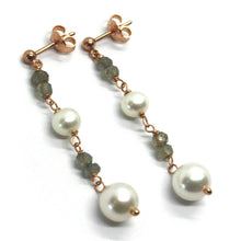 Load image into Gallery viewer, 18k rose gold pendant earrings, white fw pearls, labradorite,  4.5cm, 1.8&quot;
