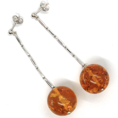 18k white gold pendant earrings, big orange amber 18 mm spheres, 2.7 inches.
