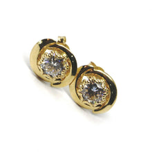Load image into Gallery viewer, 18K YELLOW GOLD BUTTON EARRINGS CUBIC ZIRCONIA, OVAL WAVE WORKED FRAME, 10 MM.
