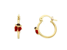 Load image into Gallery viewer, 18k yellow gold hoops circle 13mm earrings with small puffed 5mm enamel ladybug.
