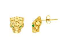 Charger l&#39;image dans la galerie, 18K YELLOW GOLD LOBE 10mm FINELY WORKED EARRINGS WITH GREEN ENAMEL PANTHER HEAD.
