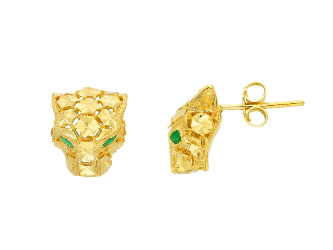 18K YELLOW GOLD LOBE 10mm FINELY WORKED EARRINGS WITH GREEN ENAMEL PANTHER HEAD.