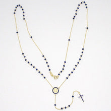 Load image into Gallery viewer, 18k yellow gold rosary necklace, faceted sapphire root, Cross &amp; miraculous medal

