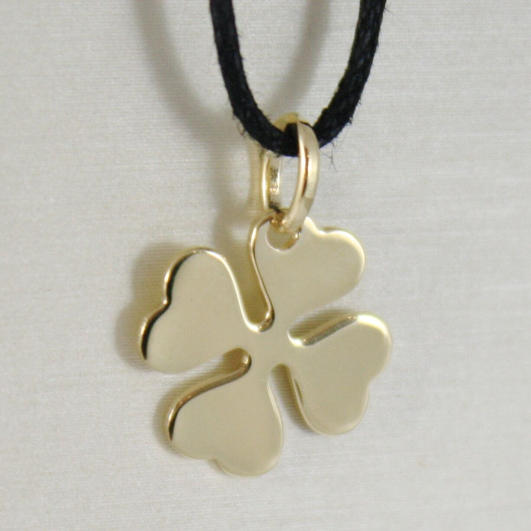 18K YELLOW GOLD PENDANT CHARM 18 MM, FLAT LUCKY FOUR LEAF CLOVER, MADE IN ITALY