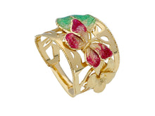 Load image into Gallery viewer, 18K YELLOW GOLD BAND RING WITH FINELY WORKED ENAMEL RED BUTTERFLY, LEAF, FLOWER.
