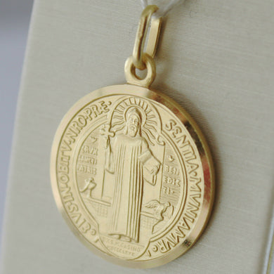solid 18k yellow gold St Saint Benedict 21 mm medal pendant with Cross.